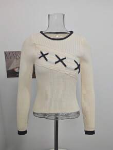 Korean Style Casual Vintage Design Slim Fit Flattering Long Sleeve Round Neck Color Block Knit Sweater Inner Layer Top For Women Autumn/Winter Fall - Apricot - View 9