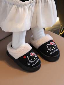 Hello Kitty 女童時尚秋冬保暖毛絨拖鞋，可愛KT設計，舒適保暖內裡室內居家鞋 - 黑色 - 查看 4