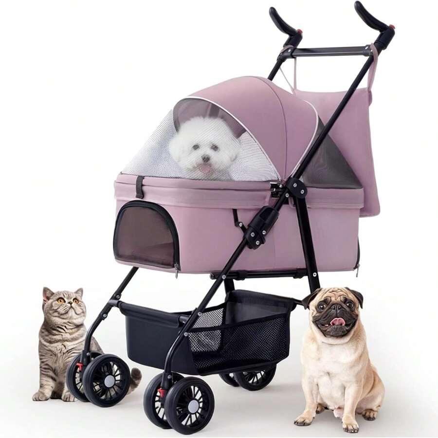 2026-NEW:Para Mascotas Plegable, Transportadora Para Perros Y Gatos, 4 Llantas 360 ° , Ruedas De Alta Resistencia, Canasta De Almacenamiento, Ventana De Red, Forro Removible, Plegado Rápido - Rosa Roja - Ver 1