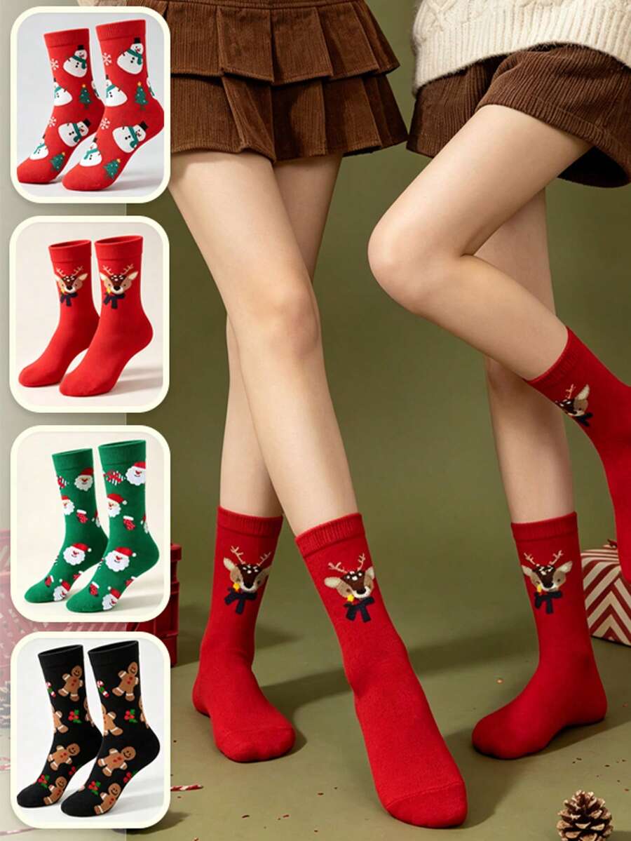 4 Pairs Christmas Theme Cartoon Mid-Calf Socks For Women Red Reindeer Snowman Gingerbread Man Christmas Tree Jacquard Cotton Socks Festive Atmosphere Versatile Celebration New Year Slouch Socks - Multicolor - View 1