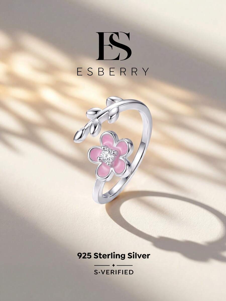 ESBERRY 1件 925純銀可愛甜美小花水鑽開口戒指,適合女性日常配戴、約會或作為生日禮物 - 鑲鑽花朵戒指 - 查看 1