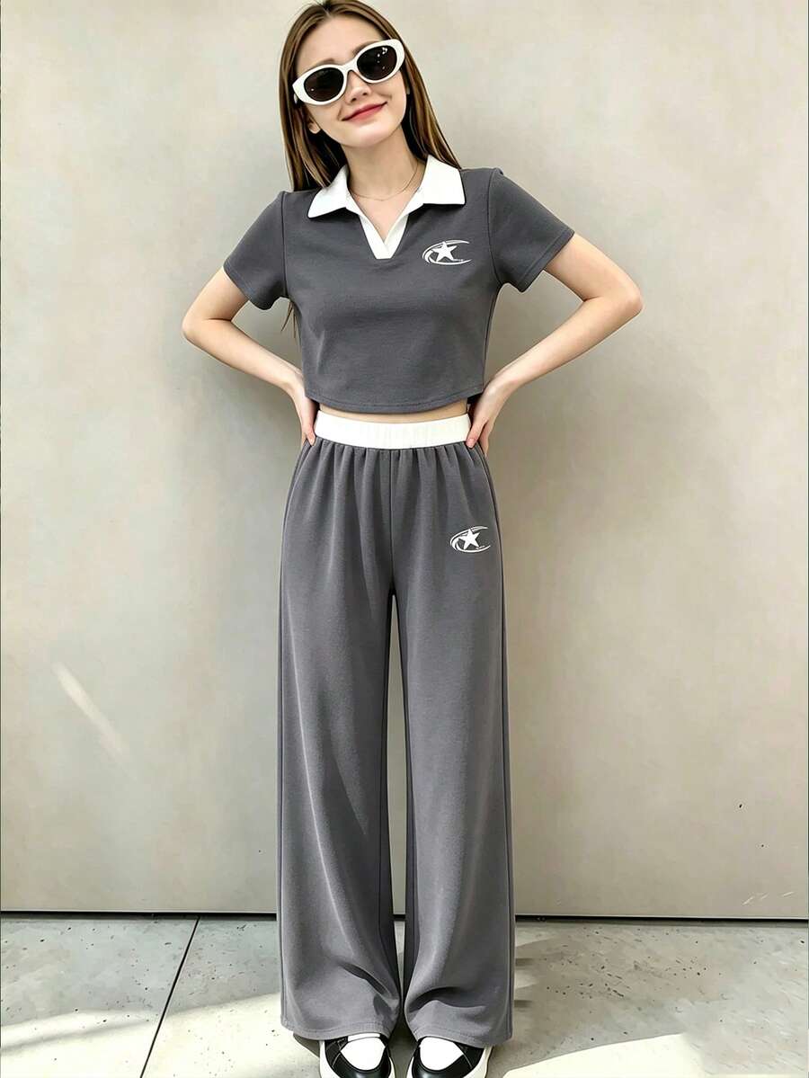 青少年女孩對比色星星印花短袖T恤與長褲休閒套裝 - 深灰色 - 查看 1
