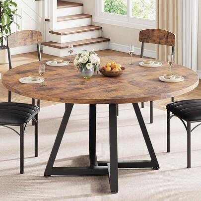 Table à manger ronde Jocoevol 2, table de cuisine avec cadre métallique robuste, table de salle à manger gain de place de style industriel (marron vintage, 80x80x76cm) OVUL