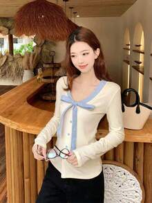Korean Sweet Style Patchwork V-Neck Bow Button Long Sleeve T-Shirt, Slim Fit Flattering Atmosphere Inner Layer Casual Versatile Autumn/Winter Women's Top - Apricot - View 5