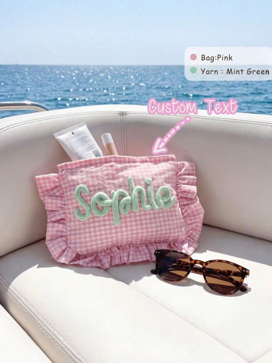 Custom Chenille Embroidered Tote Bag, Personalized Name Letter Canvas Handbag, 3D Plush Applique Letter Shoulder Bag, Large Capacity Beach Travel Bag, Bridesmaid Gift