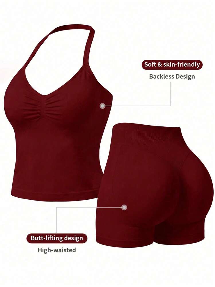Women's 2pcs Solid Color Ruched Halter Neck Cropped Tank Top + High Waist Butt-Lifting Shorts Fitness Yoga Set Sports - Burgundy - View 1