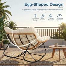 Rattan Rocking Chair, Egg-Shaped Rocking Chair, Oversized Rocking Armchair With Thick Removable Cushion And Metal Frame, Load Capacity Of 150kg, Lounge Chair For Garden, Balcony, Living Room - 原木色+米色墊 - 查看 4