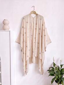 1pc Minimalist Heart Pattern Embroidered Split Shawl Kimono Sarong, Bohemian Style Spring/Summer Beach Vacation Sun Protection Cover-Up Cardigan, Suitable For Daily Wear, Perfect Gift Choice - Beige - View 6