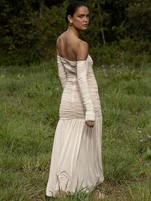 Damenmode Off-Shoulder langärmliges figurbetontes Kleid, Herbst/Winter Mesh transparentes Kleid, elegantes apricotfarbenes Cocktailparty-Abendkleid, sexy Outfit - Aprikosenfarben - Übersicht 9