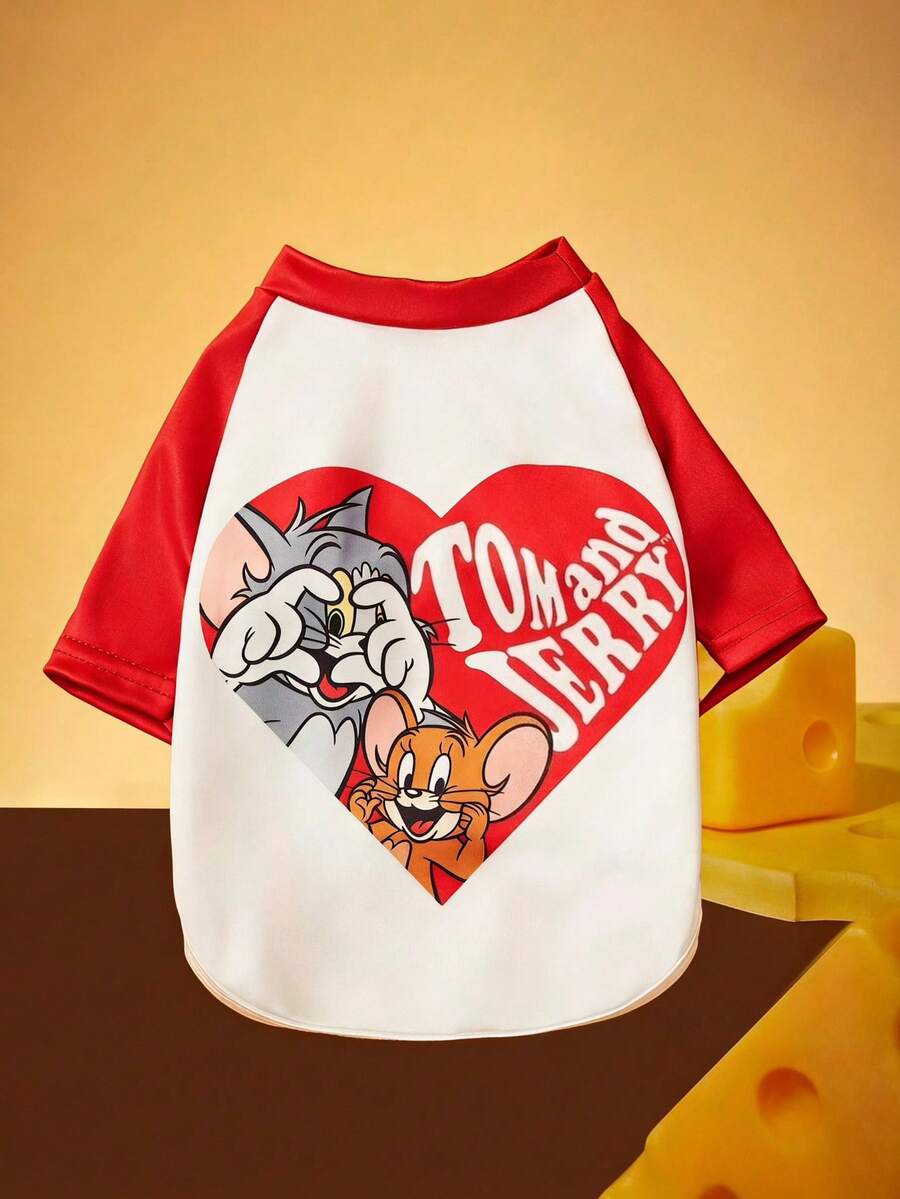 TOM & JERRY X PETSIN 1件爱心卡通可爱印花红白拼接时尚猫狗通用弹力舒适狗狗T恤 - 彩色 - 查看 1