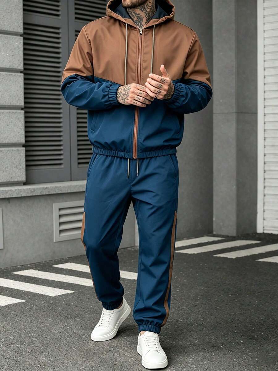 1 Set Men's Spring/Autumn Color Block Hooded Sports Outfit, Outdoor Casual Jogging Pants 2-Piece Set - Brown - View 1
