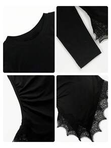 Women's Round Neck Long Sleeve T-Shirt, Spring/Autumn New Lace Trim And Ruched Waist Design, Casual Versatile Slim Fit Solid Color Top, Fashionable Daily Wear - Black - View 4