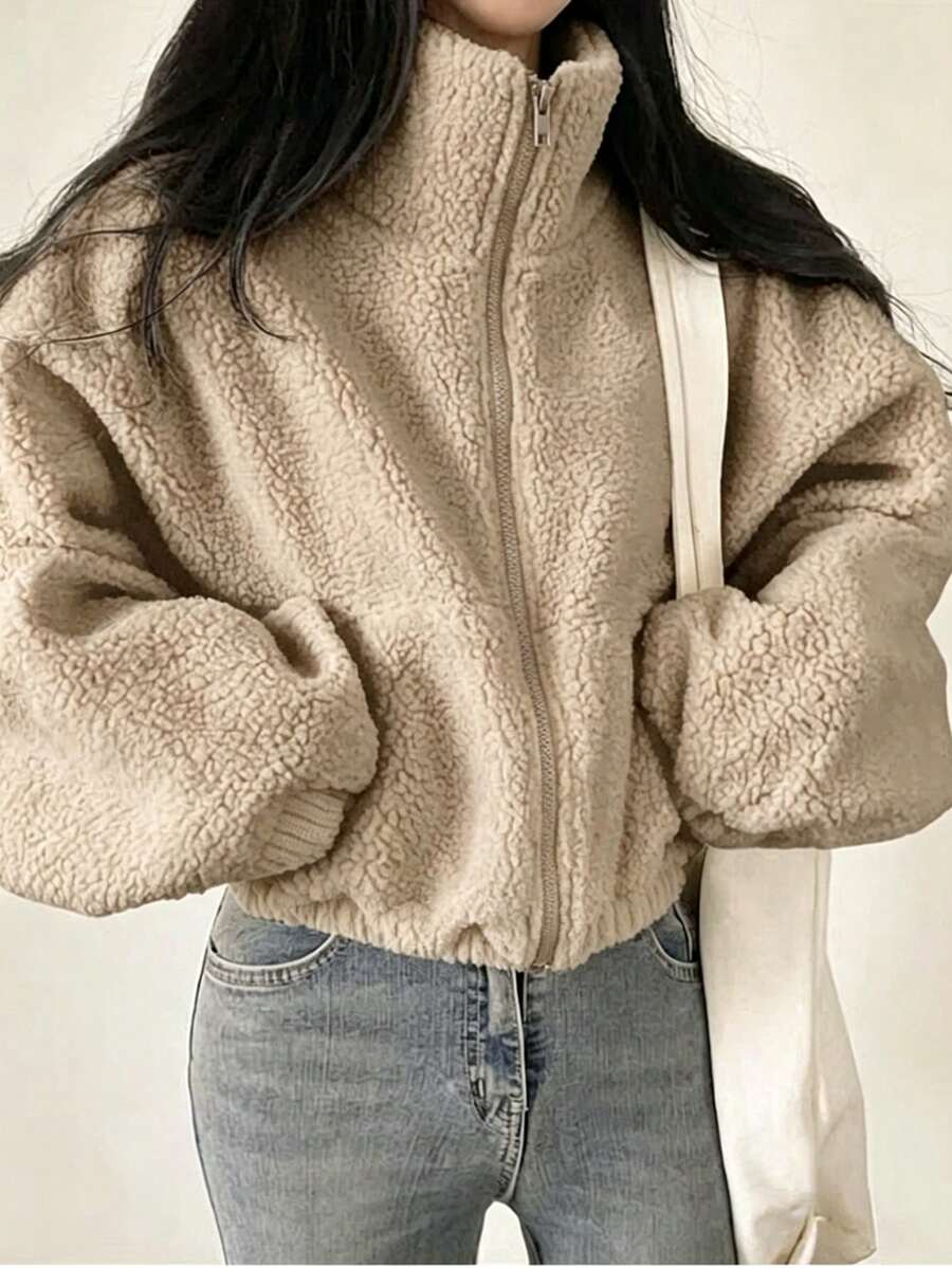 女款優雅秋冬拉鍊羊毛短夾克,時尚春夏新款純色泰迪夾克,休閒戶外上衣,情侶夾克,寬鬆長袖街頭風,健身穿搭,度假,返校,派對穿搭 - 駝色 - 查看 1