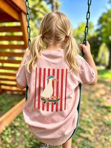 女童時尚拼色條紋背印短袖T恤，輕盈柔軟嬰幼兒日常穿著T恤 - 粉色 - 查看 11
