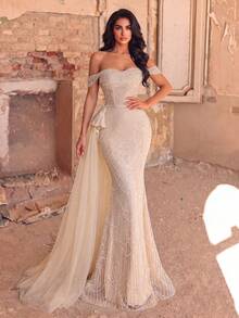 Elasola Charming Off-Shoulder Mesh Train Evening Gown For Women, Lace-Up Back Wedding Party Fall - Apricot - View 2
