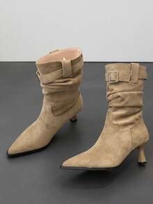 Buckle Ruched Mid-Calf Boots Plus Size Women's Vintage Pointed Toe Stiletto Heel Fashion Boots - Khaki - View 2