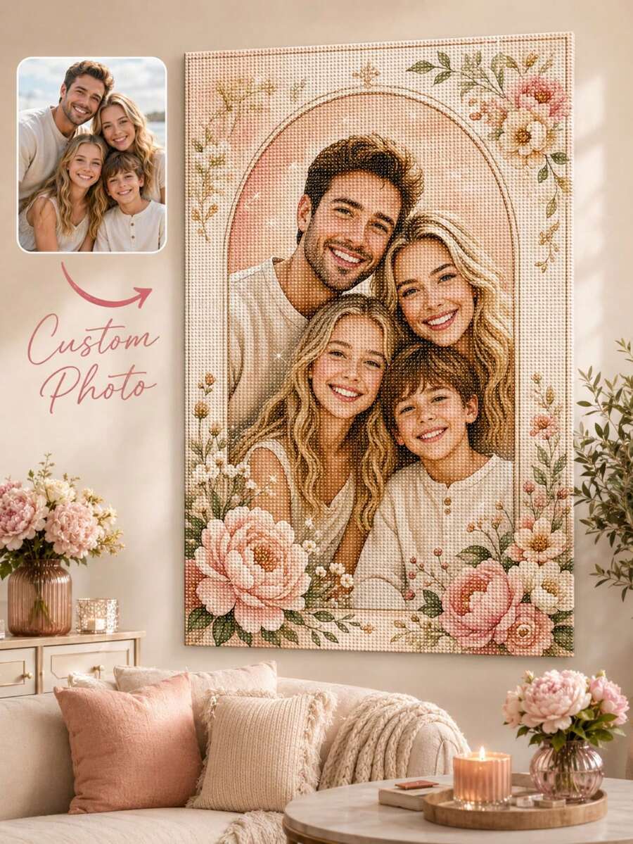 Personalisiertes Familienfoto Diamantmalerei, individuelles Porträt Wandkunst mit Blumenillustration Stil, Acrylbohr DIY Leinwand Set, Rundbohr und Quadratbohr Optionen für Wohnzimmer, Schlafzimmer, Familiengeschenk Dekoration - Verschiedenfarbig - Übersicht 1