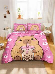 2/3PCS Capybara Bubble Tea Duvet Cover Set, Cute Cartoon Animal Bedding, Pink Heart Floral Print Bed Set For Girls - Multicolor - View 1