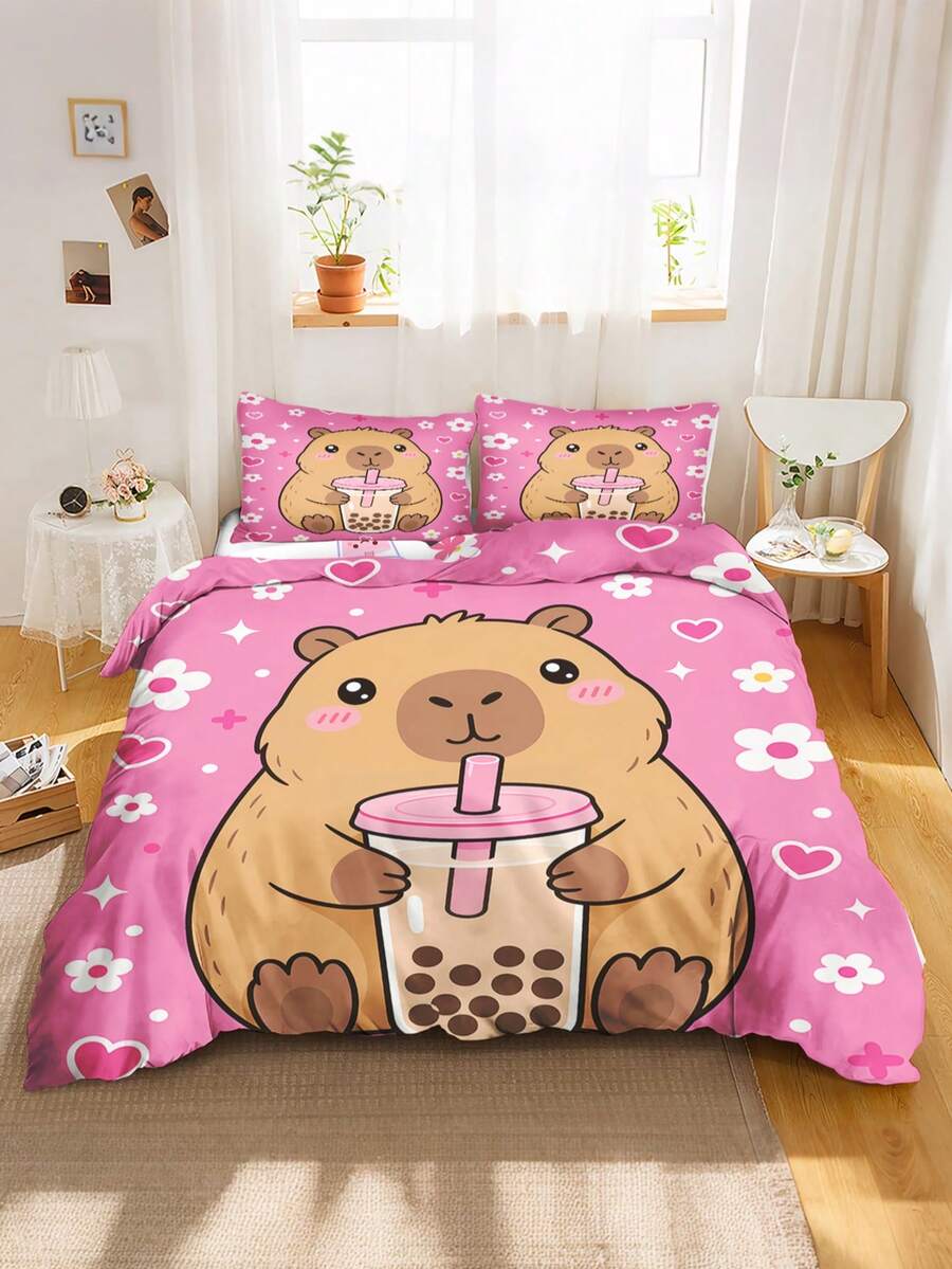 2/3PCS Capybara Bubble Tea Duvet Cover Set, Cute Cartoon Animal Bedding, Pink Heart Floral Print Bed Set For Girls - Multicolor - View 1