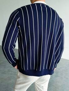 WAIT HIM Men's Casual Striped Crew Neck Cardigan - Blue - View 4