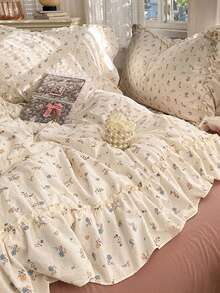 Pink Ruffle Lace Duvet Cover 4-Piece Set, Soft And Comfortable Bedroom Bedding, No Filling, Botanical Print, Breathable And Soft All-Season Bedding Set Including 1 Duvet Cover, 1 Bed Sheet, 2 Pillowcases, Suitable For Bedroom, Dorm, Home Use, Multiple Size Options - Pink - View 7