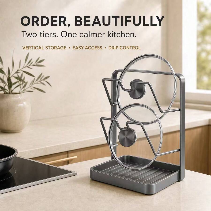 1pc/Kitchen Pot Lid Storage Rack, Made Of Thick Carbon Steel Material, Can Fix The Position Of Pot Lids And Spoons During Cooking. Multi-Functional Kitchen Pot Lid Storage Tool, Equipped With Detachable Drip Tray