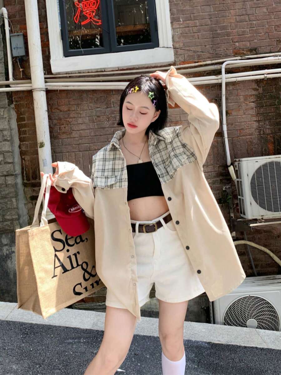 New Women's Spring/Autumn Patchwork Corduroy Long Sleeve Shirt, Designer Niche Unique Blouse Cardigan Jacket - Apricot - View 1