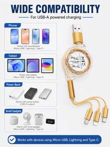 1pc 3-In-1 Retractable Charging Cable, 1.2m USB-A To Type-C/8-Pin/Micro USB, Up To 3A Silicone Multi Charger Cord For Phones, Tablets & Power Banks, Gold - Gold - View 4