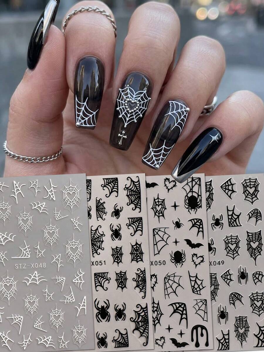 4pcs Black & White Gothic Heart Spider Web Bat Moon Fingertip Decorations, Halloween Day Of The Dead DIY Party Nail Art Stickers, Dark Gothic Aesthetic, Essential Accessories For Cosplay Gatherings