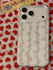 Ins韓系鍍金玫瑰鐵藝圖案手機殼，適用於Apple 17 Pro Max、16 Pro、15、14、13、17、18、18 Pro Max，附掛繩，氣囊雙層全包防摔保護殼，女款 - 無色 - 查看 1
