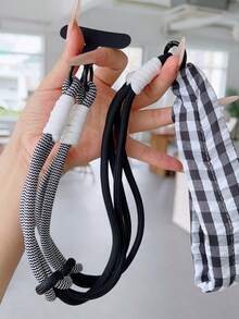 Dopamine Patchwork Checkered Fabric Phone Lanyard 2-In-1 Detachable Short Strap Wide Strap Crossbody Bag Wrist Strap - Black and White - View 3