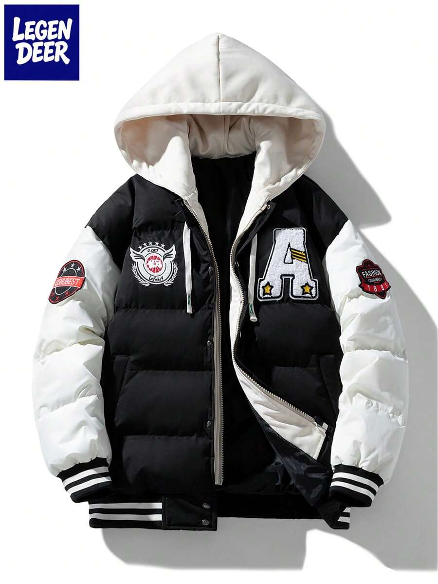 LEGEN DEER 男士厚棉填充外套，保暖抽繩連帽雪地外套，秋冬款 - 黑色 - 查看 1