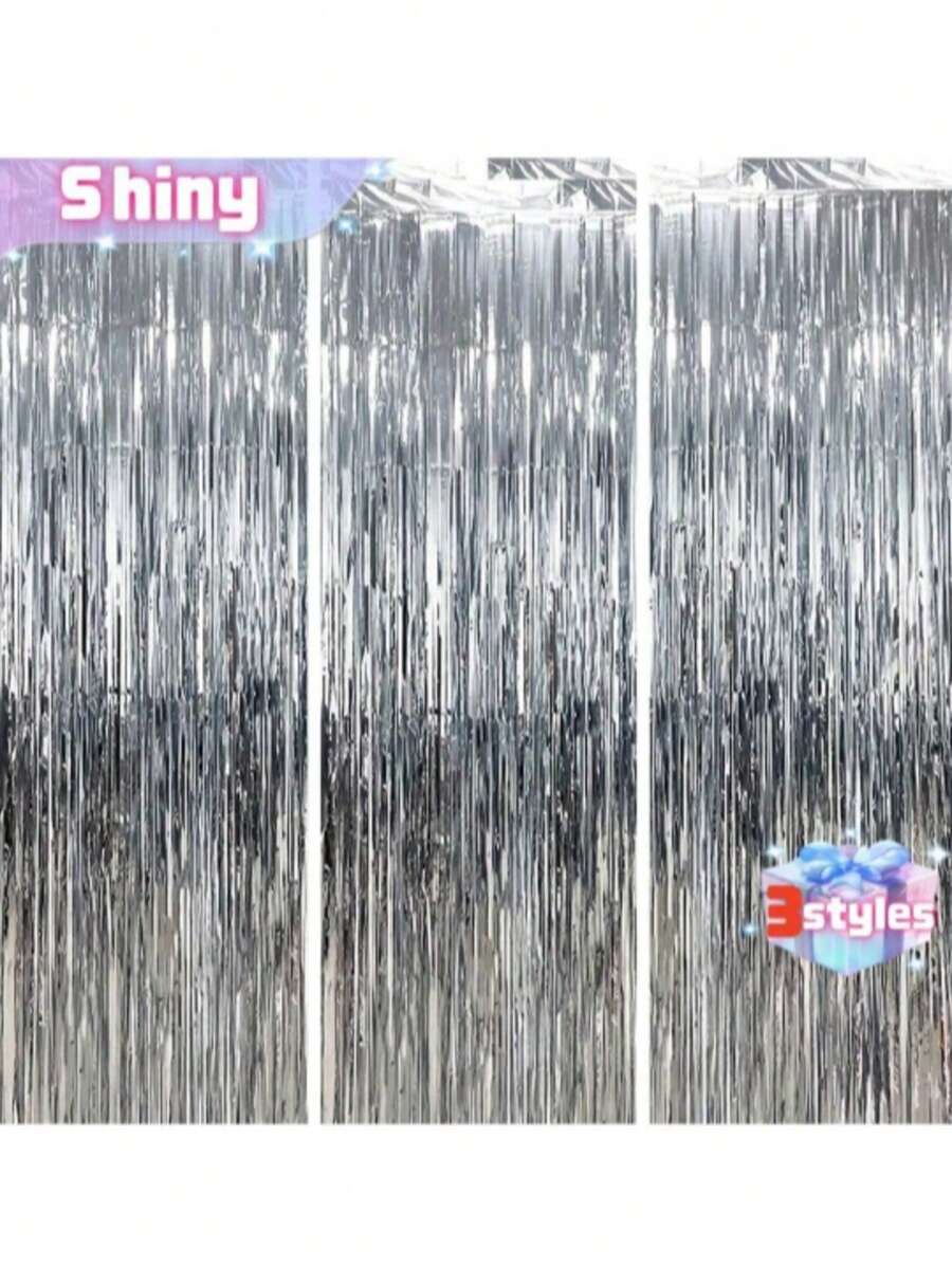 3pcs100*200cm Silver Tassel Ribbons, Party Decor Curtain, Shiny Metallic Texture Design, Suitable For Photography Studio Props, Birthday Party, Bridal Shower, Wedding, Any Holiday Decoration, Christmas Decor, Backdrop, Party Decoration, Event Styling - silver - View 1
