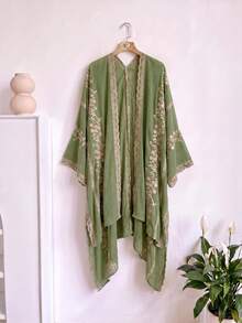 1件優雅花卉刺繡開襟和服式圍巾/沙龍披肩女款，春夏波希米亞風外套，海灘度假防曬罩衫，裝飾性刺繡開襟衫，適合日常穿著，完美禮物選擇 - 綠色 - 查看 6