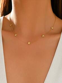 1 Buah Kalung Wanita Emas Stainless Steel dengan Hiasan Berlian Imitasi dan Bintang Delapan, Perhiasan Fashion, Berlapis Emas 18K - Emas - View 1