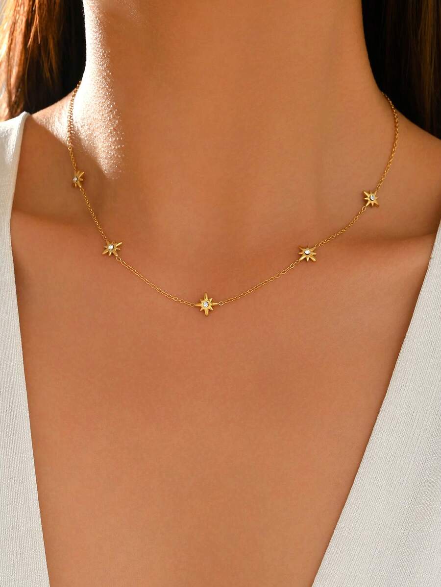 1 Buah Kalung Wanita Emas Stainless Steel dengan Hiasan Berlian Imitasi dan Bintang Delapan, Perhiasan Fashion, Berlapis Emas 18K - Emas - View 1