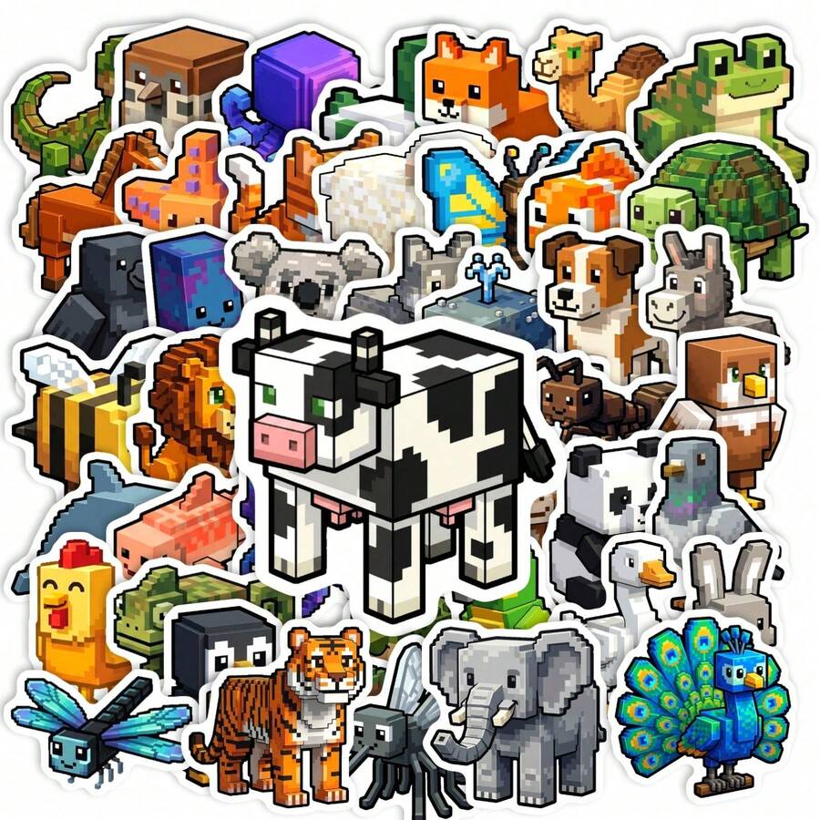 50pcs Cartoon Cute Pixel Animal Stickers, Cute Pixel Game Creative Decorative Stickers For Water Bottles, Phone Cases, Scrapbooking - Multicolor - View 1