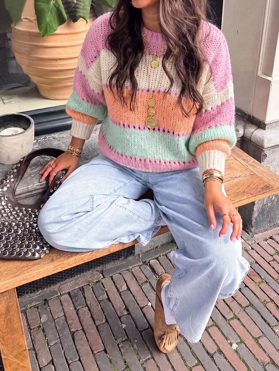 FOR BEAUTY Women's Casual Sweater, Multi-Color Striped Y2K Elegant Chunky Knit Long Sleeve Crew Neck Pullover Fall - Multicolor - View 1