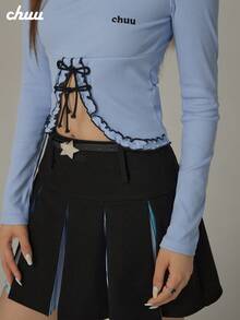 CHUU Letter Embroidered Long Sleeve T-Shirt Women Autumn Ruffle Trim Patchwork Cropped Tie Waist Top - Blue - View 2