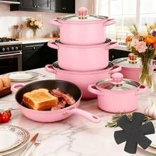 13-Piece Non-Stick Stainless Steel Cookware Set - Includes 6 Pots (Frying Pan, Saute Pan, Deep Fryer, Milk Pot, Stew Pot, Saucepan), 6 Matching Lids & 1 Utensil; Oven- Design, Dishwasher-Friendly, Compatible With Gas, Electric, Ceramic & Inductio - View 1