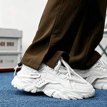 Men's Thick Sole Height Increasing Mesh Chunky Sneakers Round Toe Low-Top Lace-Up Sneakers Casual White Shoes Breathable All-Season Running Shoes - White - View 3