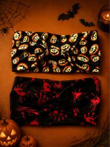 Halloween Gothic Print Women's Wide Elastic Headband, Blood Splatter Eyeball & Bat Pattern Hair Accessory, Party Costume - Multicolor - View 5