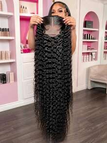 Uveous 13x4 Lace Front Wigs Human Hair 30 40 Inch JerryCurly HD Transparent Lace Front Wigs Human Hair Pre Plucked Natural Color 200 Density With Baby Hair For Women - 黑色 - 查看 1