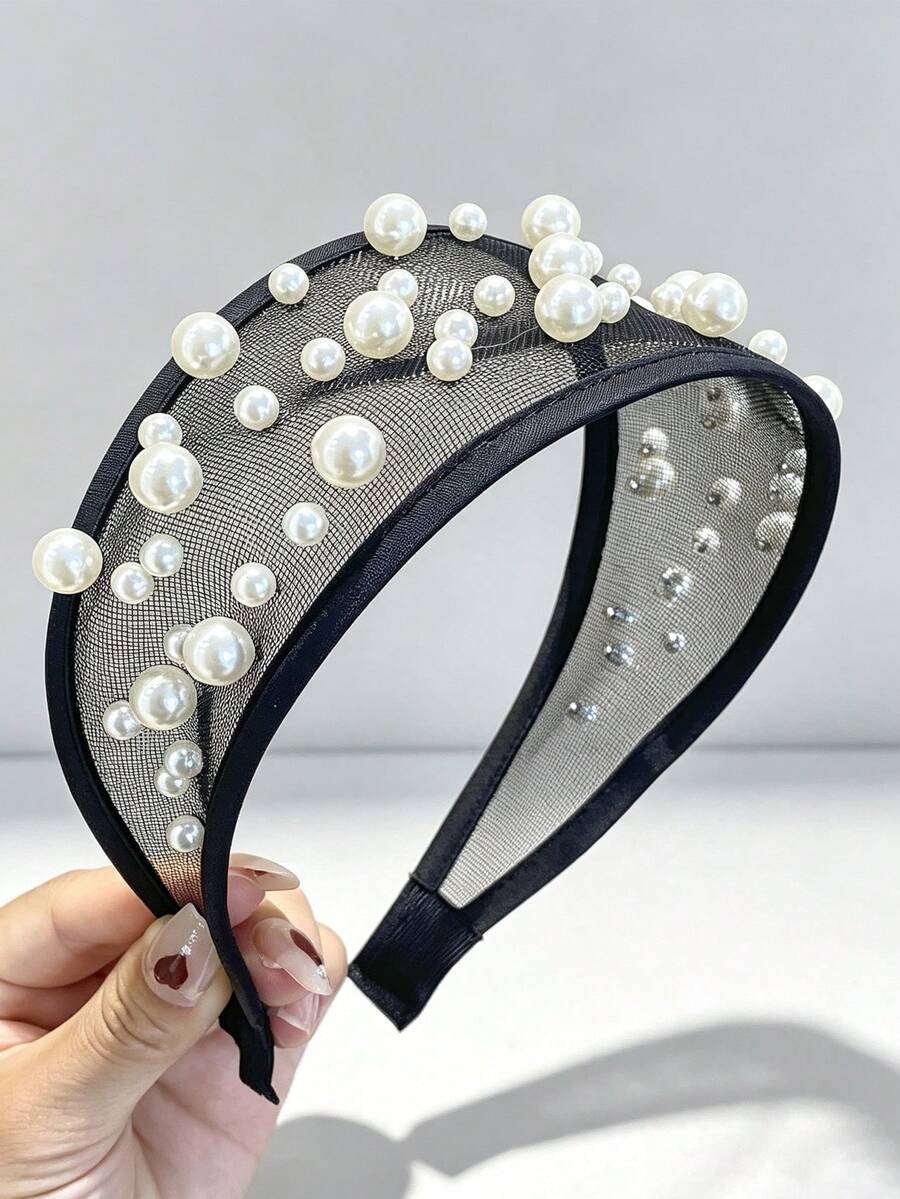 1pc Black Mesh Faux Pearl Wide Headband, Women's Elegant Tulle Hair Accessory For Wedding, Party And Daily Wear - Multicolor - View 1