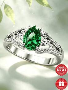 1pc S925 Sterling Silver Vine Design Artificial Emerald Ring, Essential For Daily Wear And Anniversary Gift, Comes With Gift Box - Silver - View 3