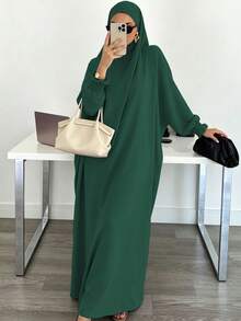 Solid Color Loose One-Piece Hijab Long Robe, Elastic Ribbed Cuffs Wide Sleeve Elegant Jilbab Robe, Muslim Women Daily Prayer Casual Outfit - Multicolor - View 10