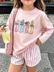 Girls Long Sleeve T-Shirt, Cute Soda Can Floral Graphic Casual Top For Fall - Pink - View 1