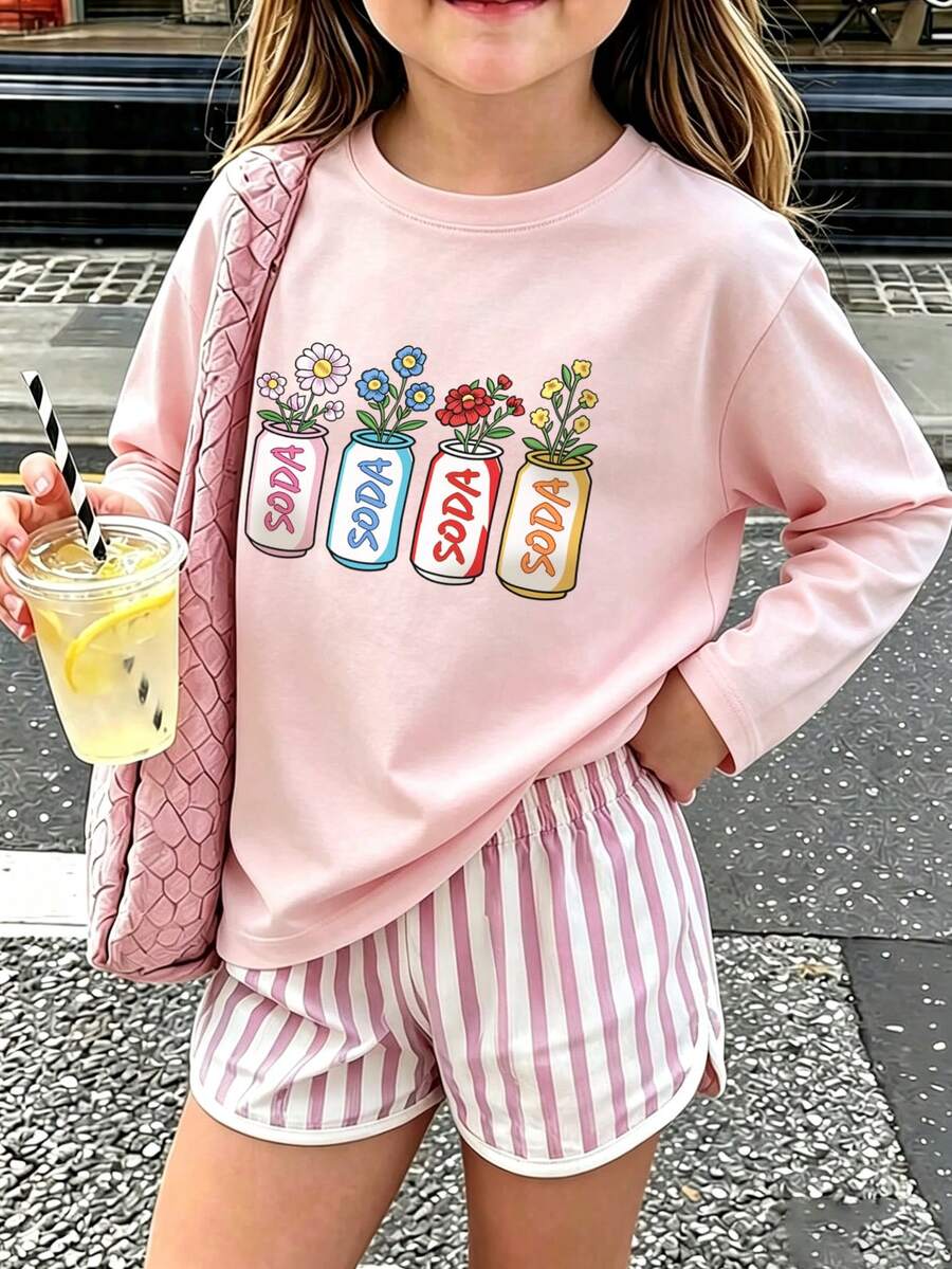 Girls Long Sleeve T-Shirt, Cute Soda Can Floral Graphic Casual Top For Fall - Pink - View 1