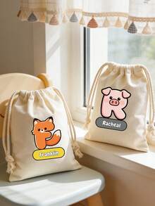 Custom Animal Letter Drawstring Bag, Personalized Name Canvas Storage Bag, Cartoon Letter Cotton Bag, Reusable Cosmetic And Small Accessory Storage Bag, Custom Letter Gift Bag, Portable Daily Storage Bag, Travel And Custom Gift - Multicolor - View 4