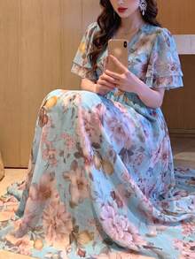 女款新款優雅浪漫花卉修身喇叭裙 夏季 - 淺藍色 - 查看 6